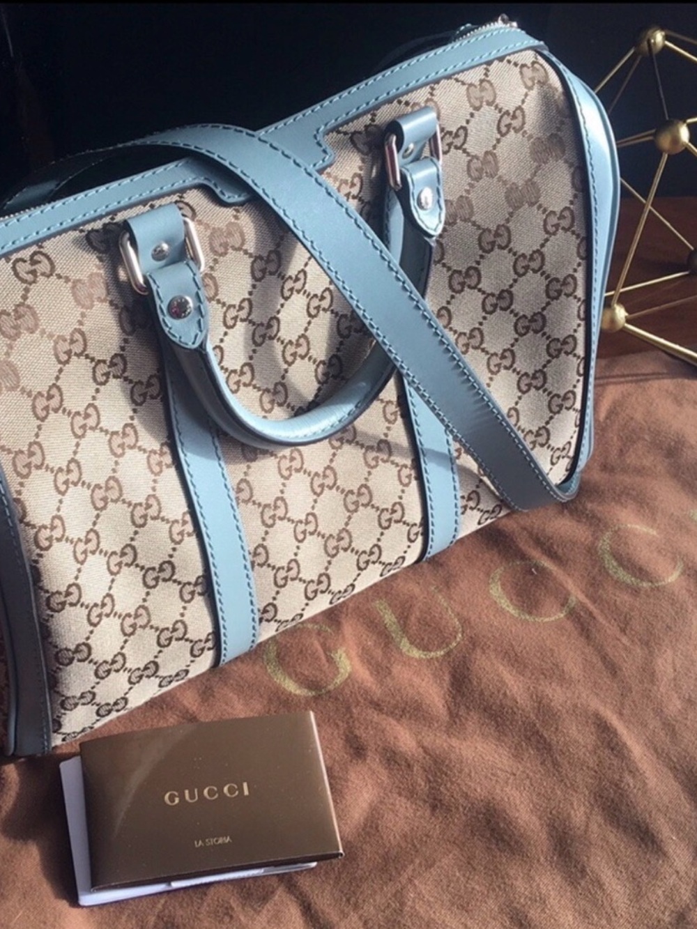 Gucci Beige GG Canvas Bowling Bag with Light Blue Trim